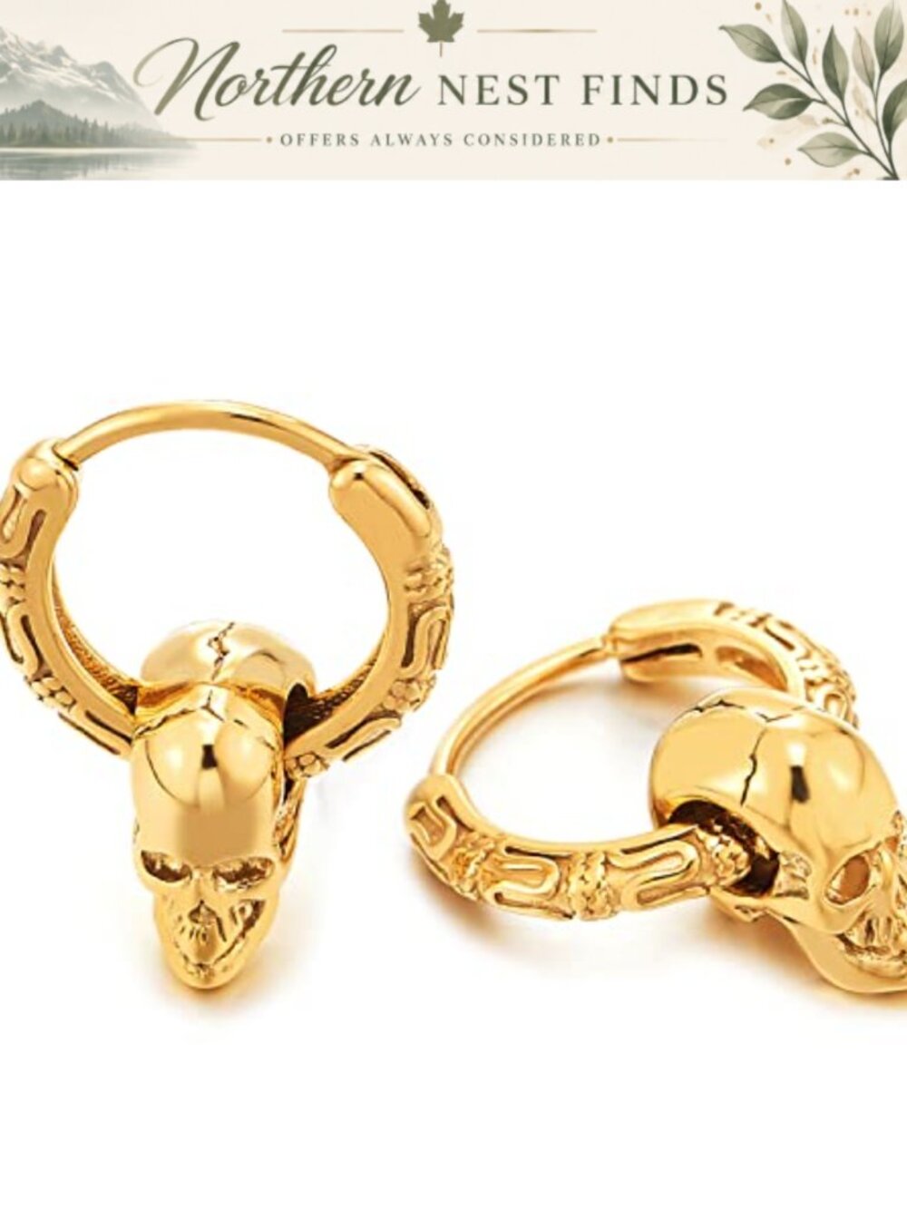 Stainless Steel Skull Dangle Huggie Hoop Earrings 2pc